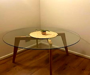 Mesa comedor de vidrio 100 cm diámetro patas mader