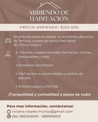 <p>Arriendo pieza en excelente barrio de Temuco</p>