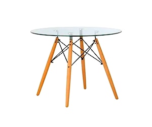 <p>Mesa redonda de vidrio con patas de madera 80cm</p>